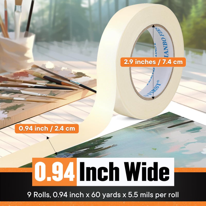 TIANBO FIRST Masking Tape 0.94 Inch Wide Thin White Painters Tape Beige Masking Tape Bulk for Painting Home Office School Stationery, 0.94 Inch x 60 Yards, 9 Rolls - Image 2